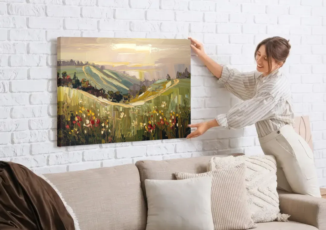 Dunedin Scenic Hills canvas wall art being hung on a white brick wall above a sofa