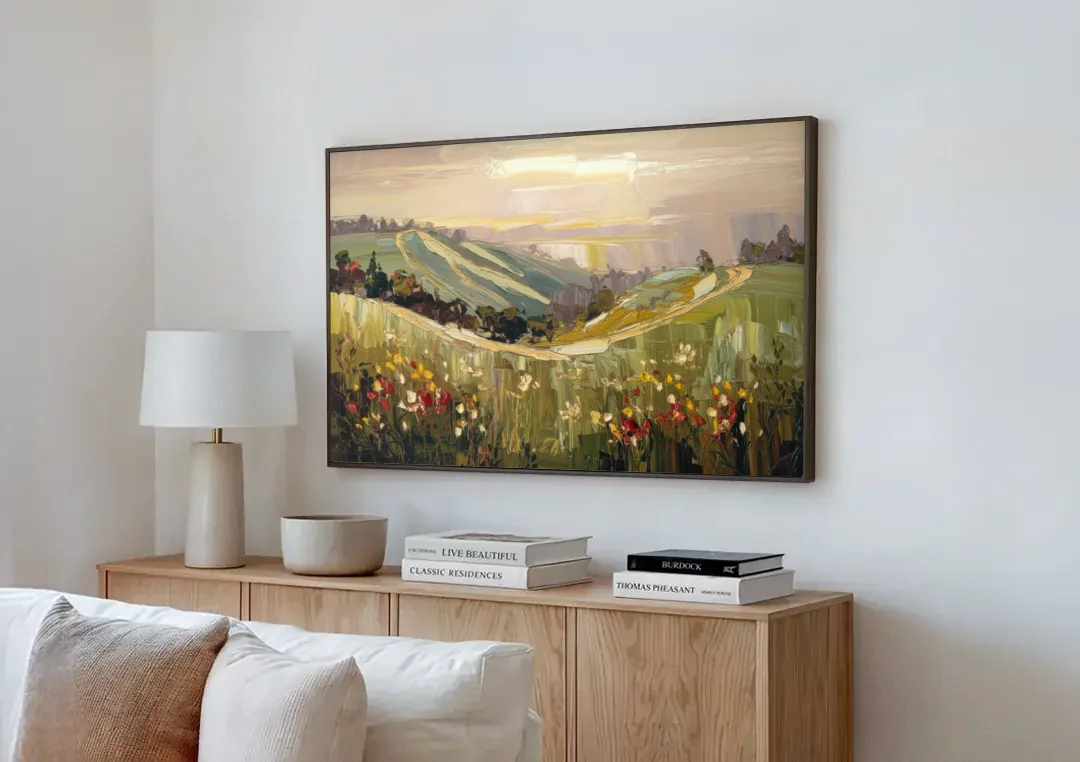 Dunedin Scenic Hills canvas wall art above a wooden sideboard next to a sofa