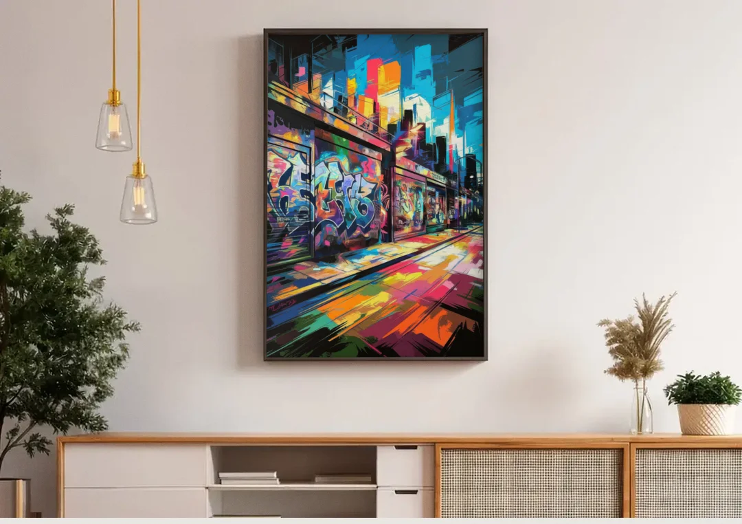 Dunedin Street Art Vibes canvas wall art above a wooden sideboard under pendant lights