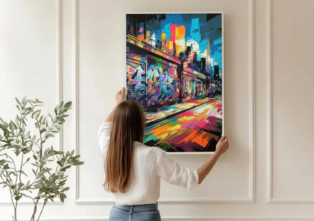 Dunedin Street Art Vibes canvas wall art being hung on a paneled wall