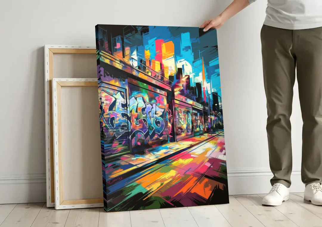 Dunedin Street Art Vibes canvas wall art leaning against a wall next to blank canvases