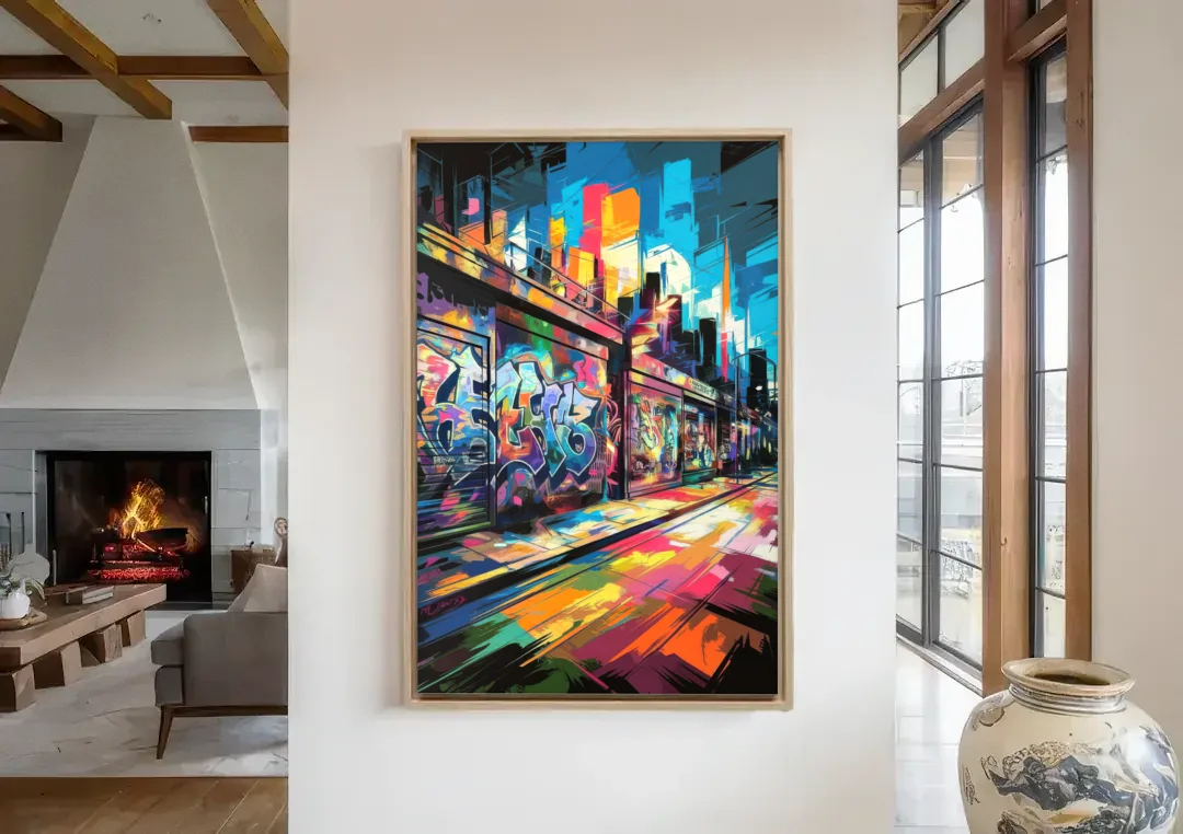 Dunedin Street Art Vibes canvas wall art in a living room with a fireplace