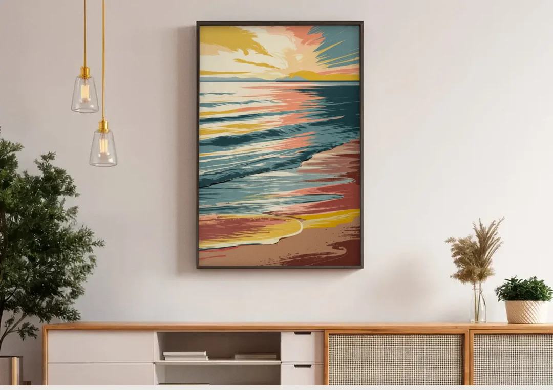 Dunedin Sunset Over Water canvas wall art above a wooden sideboard under pendant lights