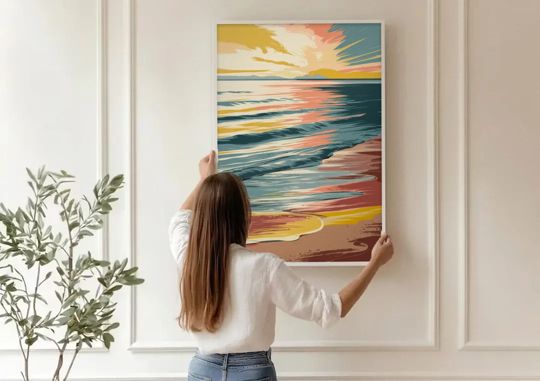Dunedin Sunset Over Water canvas wall art being hung on a paneled wall
