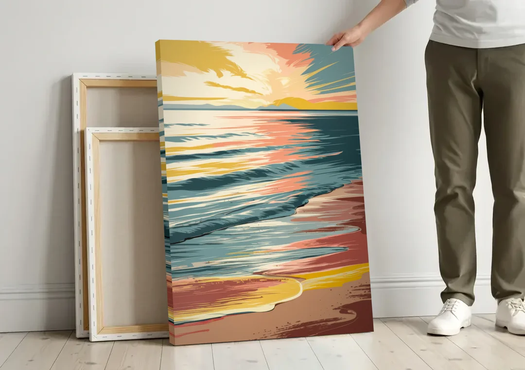 Dunedin Sunset Over Water canvas wall art leaning against a wall next to blank canvases