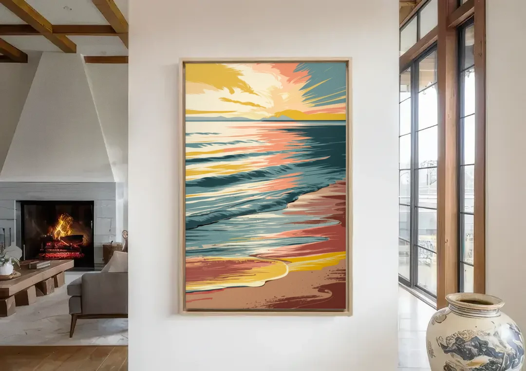 Dunedin Sunset Over Water canvas wall art in a living room with a fireplace