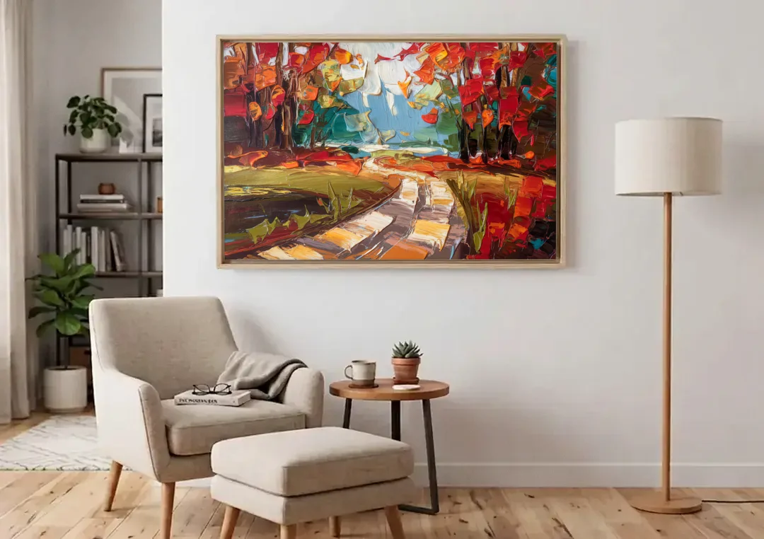 Durham Autumn Colors canvas wall art above an armchair in a bright living room