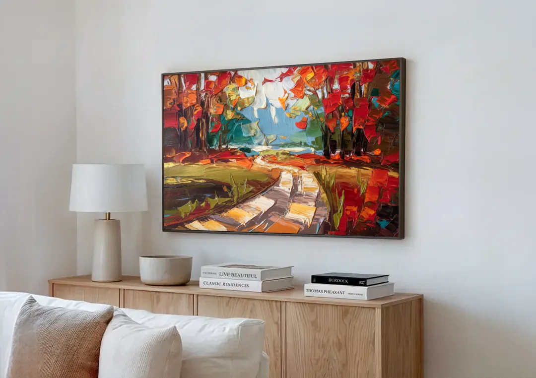 Durham Autumn Colors canvas wall art above a wooden sideboard next to a sofa