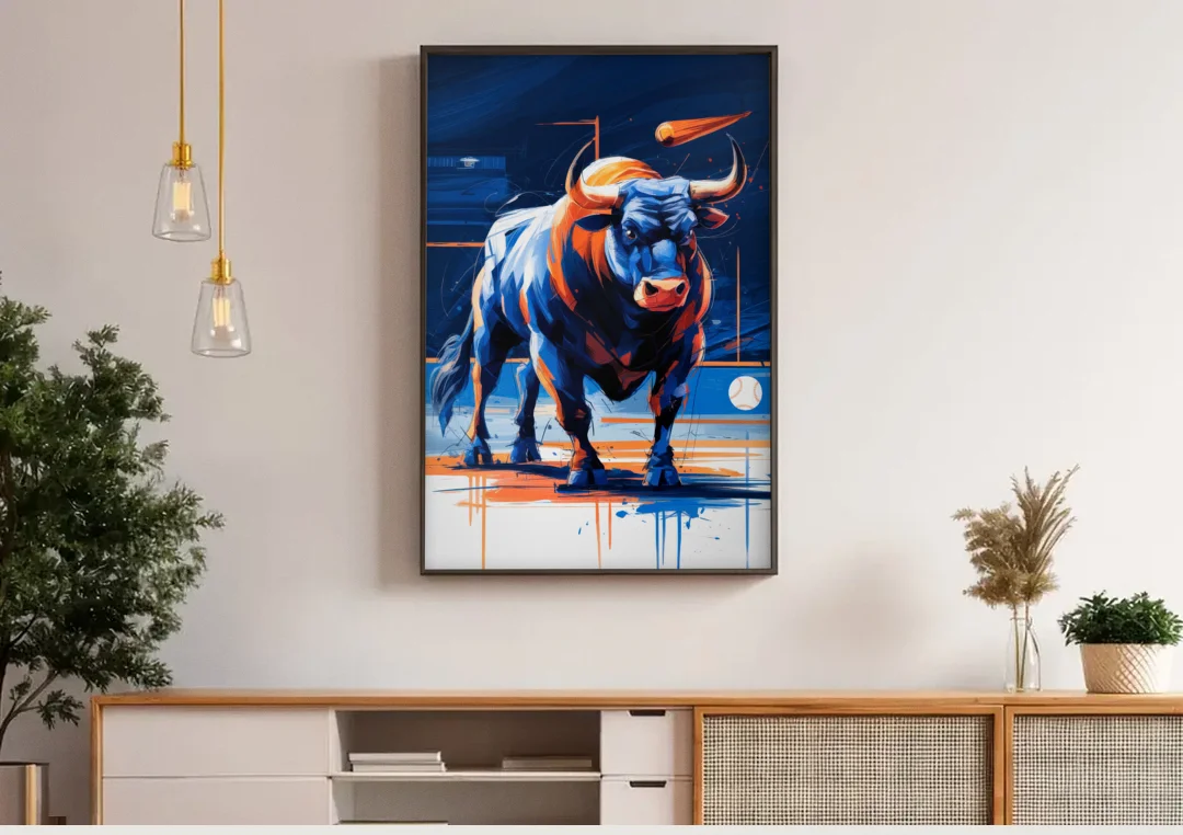 Durham Bulls Baseball Tribute canvas wall art above a wooden sideboard under pendant lights