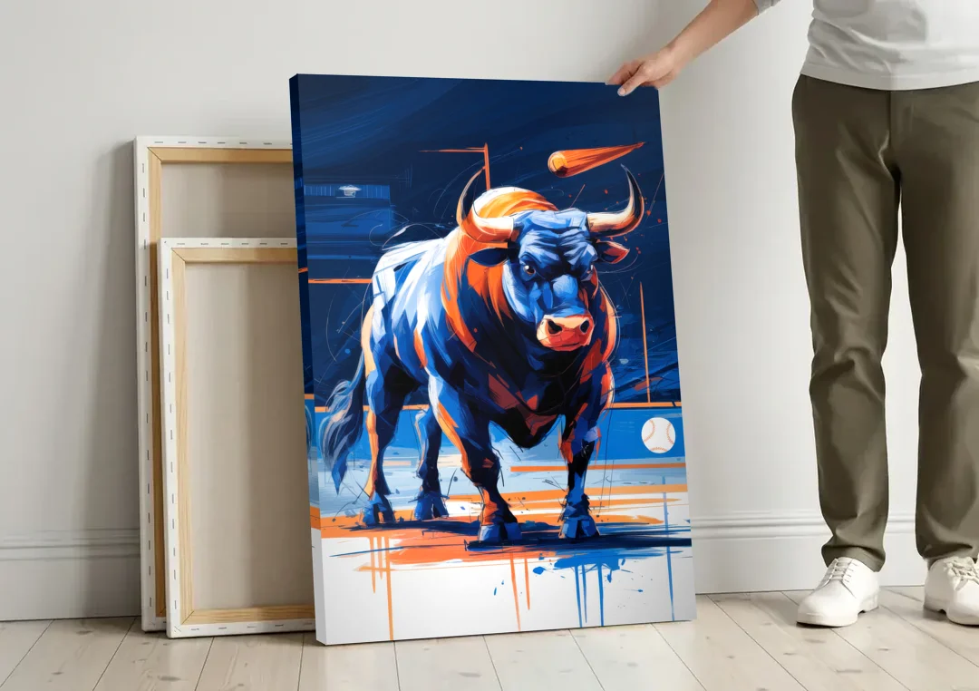 Durham Bulls Baseball Tribute canvas wall art leaning against a wall next to blank canvases