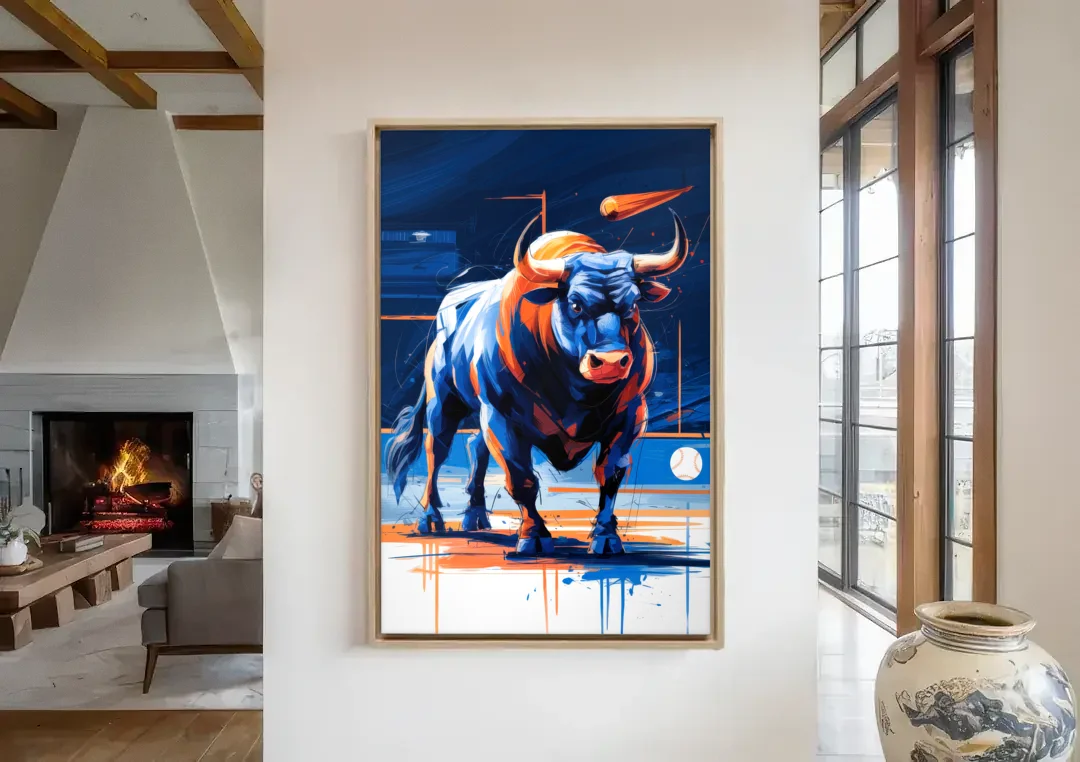 Durham Bulls Baseball Tribute canvas wall art in a living room with a fireplace