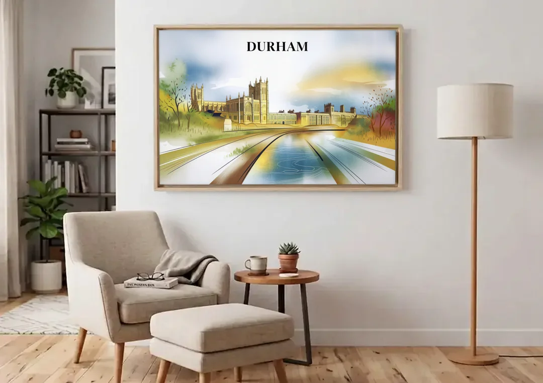 Durham Cultural Landmarks canvas wall art above an armchair in a bright living room