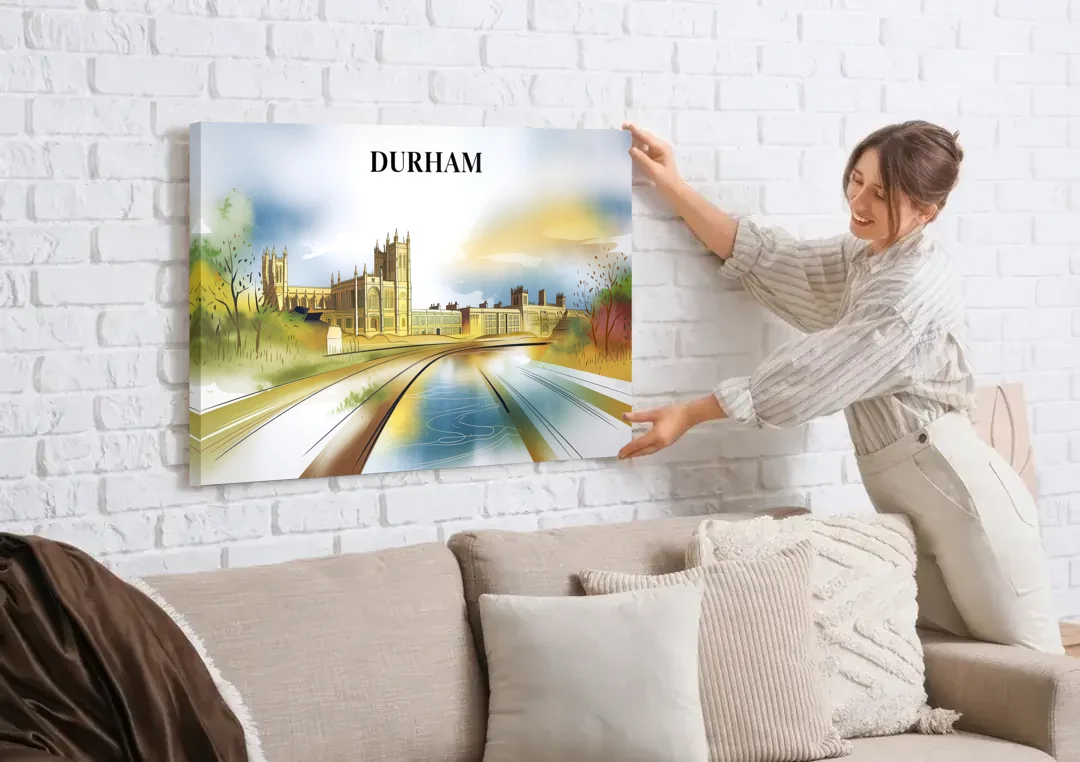 Durham Cultural Landmarks canvas wall art being hung on a white brick wall above a sofa