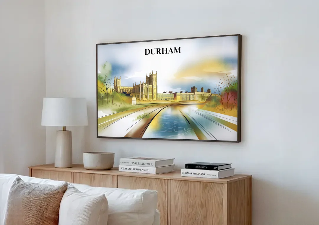 Durham Cultural Landmarks canvas wall art above a wooden sideboard next to a sofa