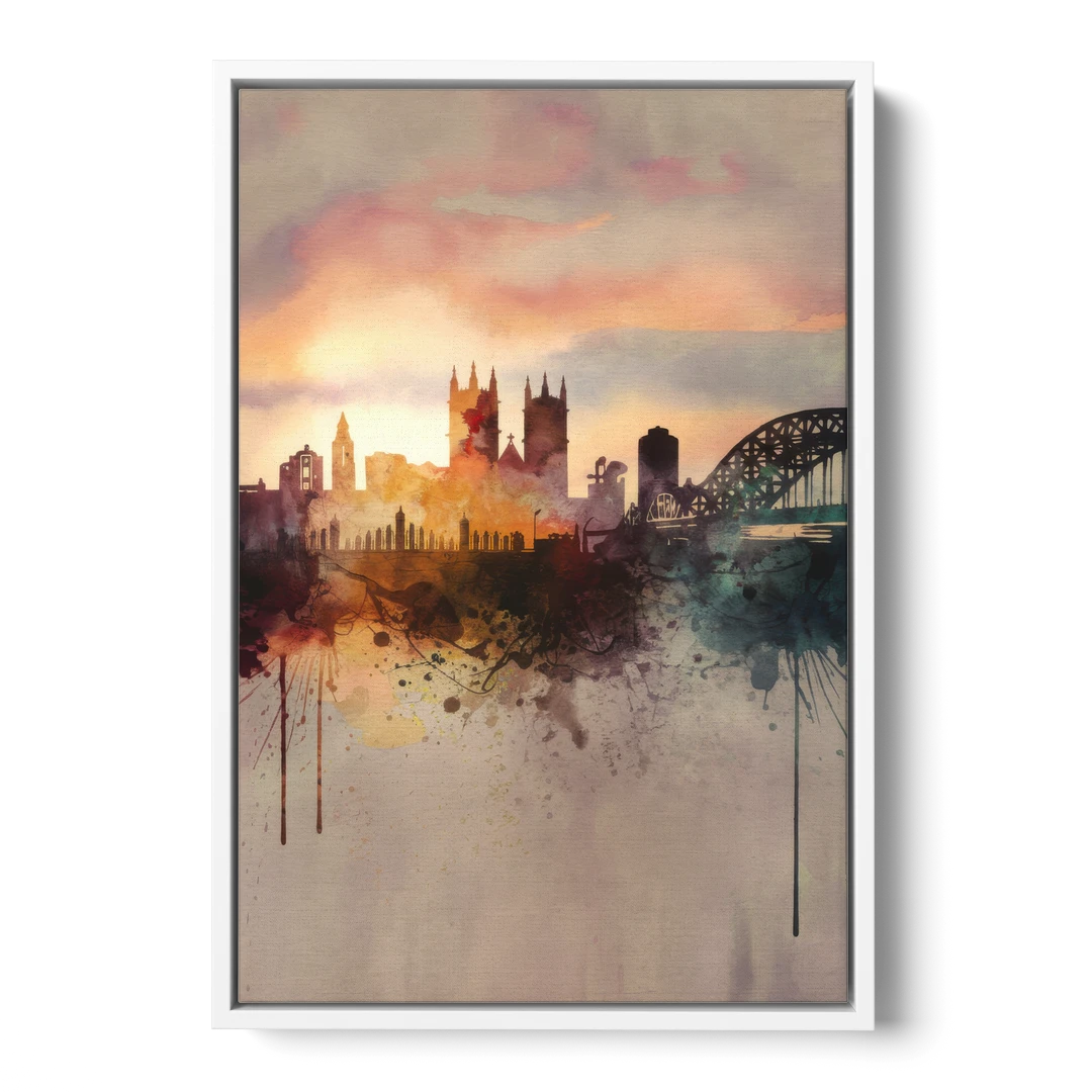 Durham Skyline at Sunset - White Framed Canvas Wall Art - Front