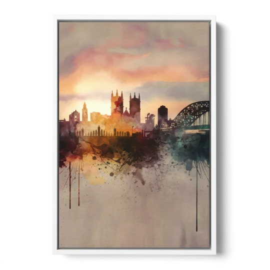 Durham Skyline at Sunset - White Framed Canvas Wall Art - Front