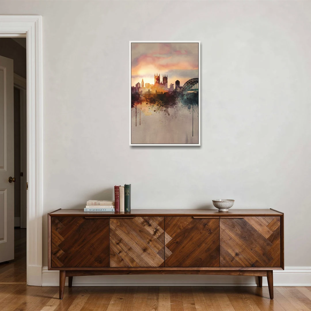 Durham Skyline at Sunset - White Framed Canvas Wall Art - Coffee Table - 24x36