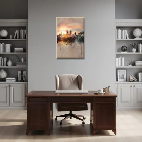Durham Skyline at Sunset - Oak Framed Canvas Wall Art - Office - 24x36