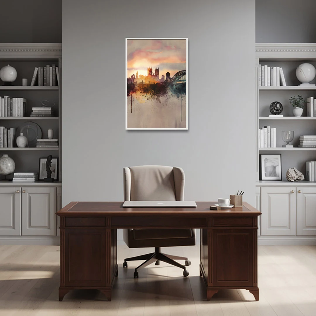 Durham Skyline at Sunset - White Framed Canvas Wall Art - Office - 24x36