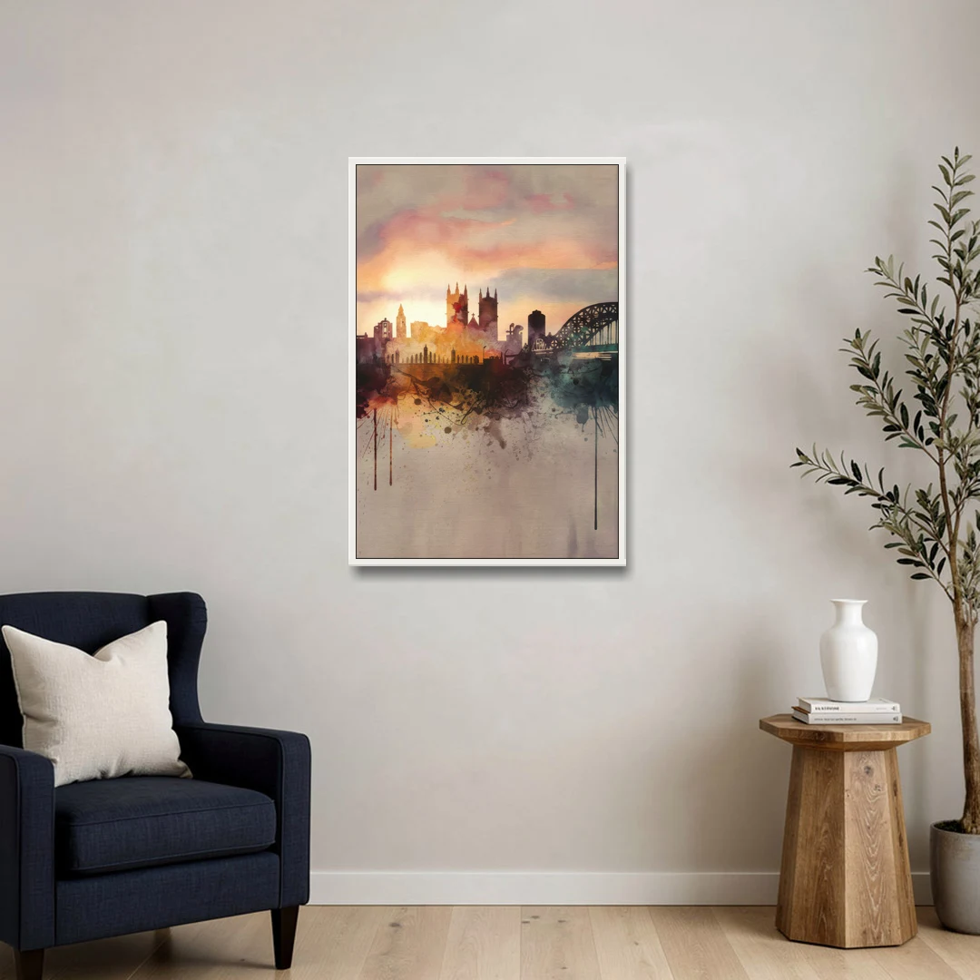 Durham Skyline at Sunset - White Framed Canvas Wall Art - Sofa - 24x36