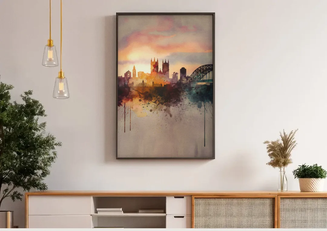 Durham Skyline at Sunset canvas wall art above a wooden sideboard under pendant lights
