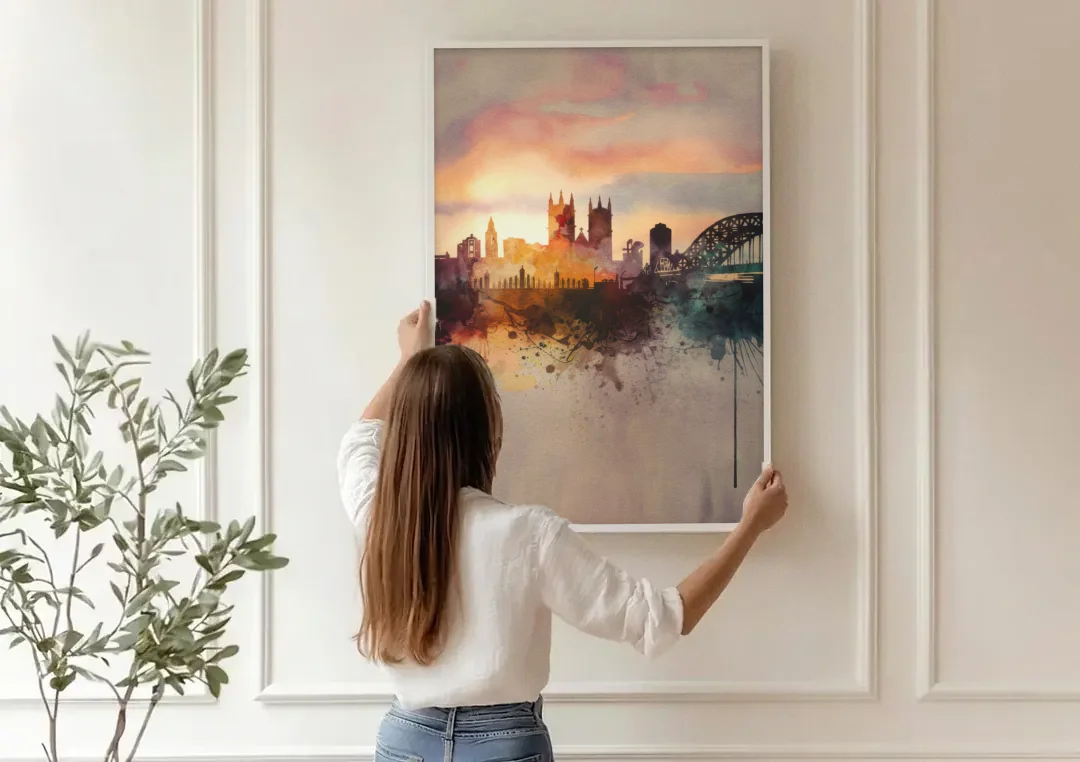 Durham Skyline at Sunset canvas wall art being hung on a paneled wall