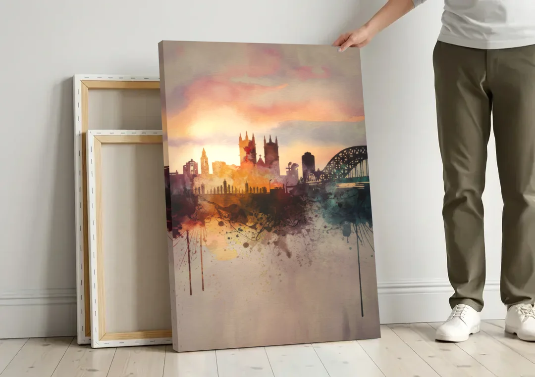 Durham Skyline at Sunset canvas wall art leaning against a wall next to blank canvases
