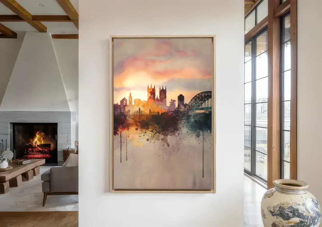 Durham Skyline at Sunset canvas wall art in a living room with a fireplace