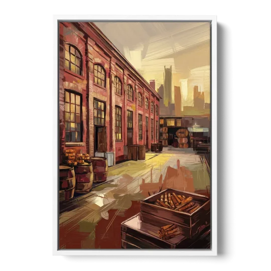 Durham Tobacco Warehouse Charm - White Framed Canvas Wall Art - Front