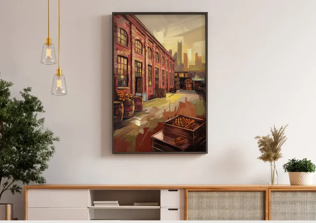 Durham Tobacco Warehouse Charm canvas wall art above a wooden sideboard under pendant lights