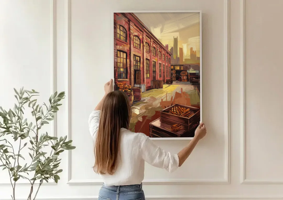 Durham Tobacco Warehouse Charm canvas wall art being hung on a paneled wall