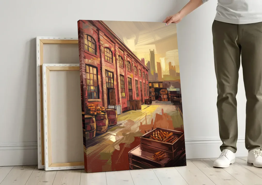 Durham Tobacco Warehouse Charm canvas wall art leaning against a wall next to blank canvases