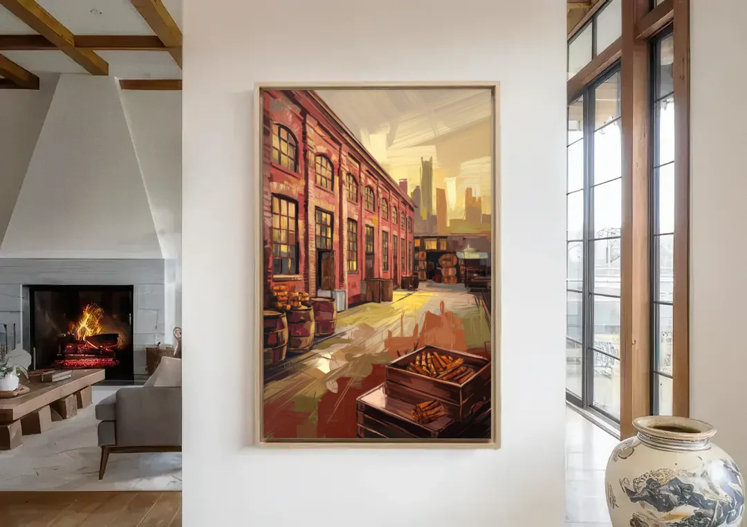 Durham Tobacco Warehouse Charm canvas wall art in a living room with a fireplace