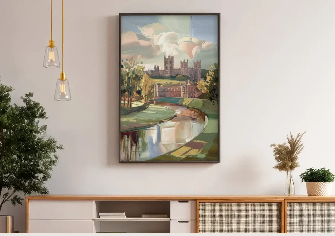 Durham University Aesthetic canvas wall art above a wooden sideboard under pendant lights