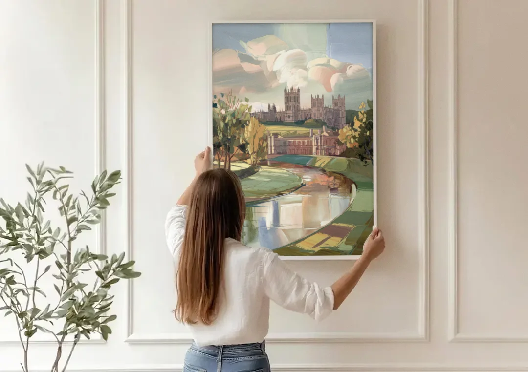 Durham University Aesthetic canvas wall art being hung on a paneled wall