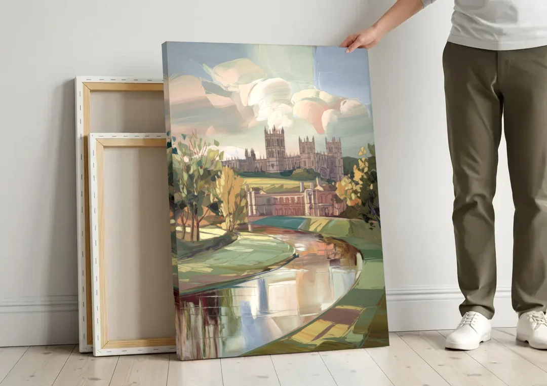 Durham University Aesthetic canvas wall art leaning against a wall next to blank canvases