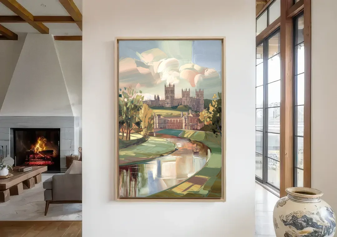 Durham University Aesthetic canvas wall art in a living room with a fireplace