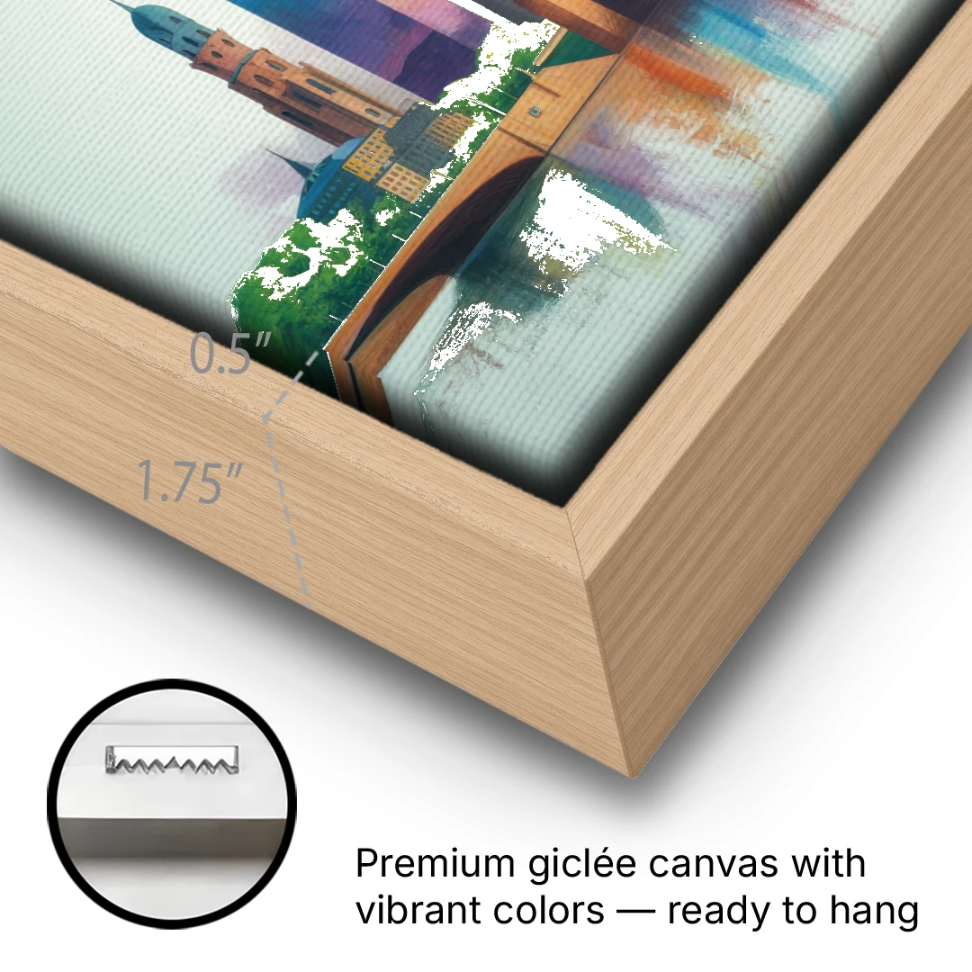 Dusseldorf Skyline - Oak Framed Canvas Wall Art - Gallery Wrap Corner