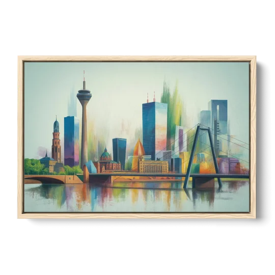 Dusseldorf Skyline - Oak Framed Canvas Wall Art - Front