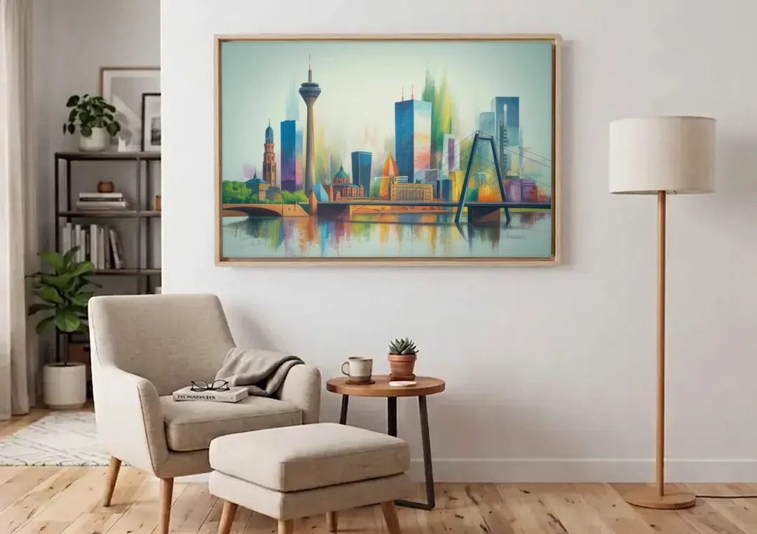 Dusseldorf Skyline canvas wall art above an armchair in a bright living room