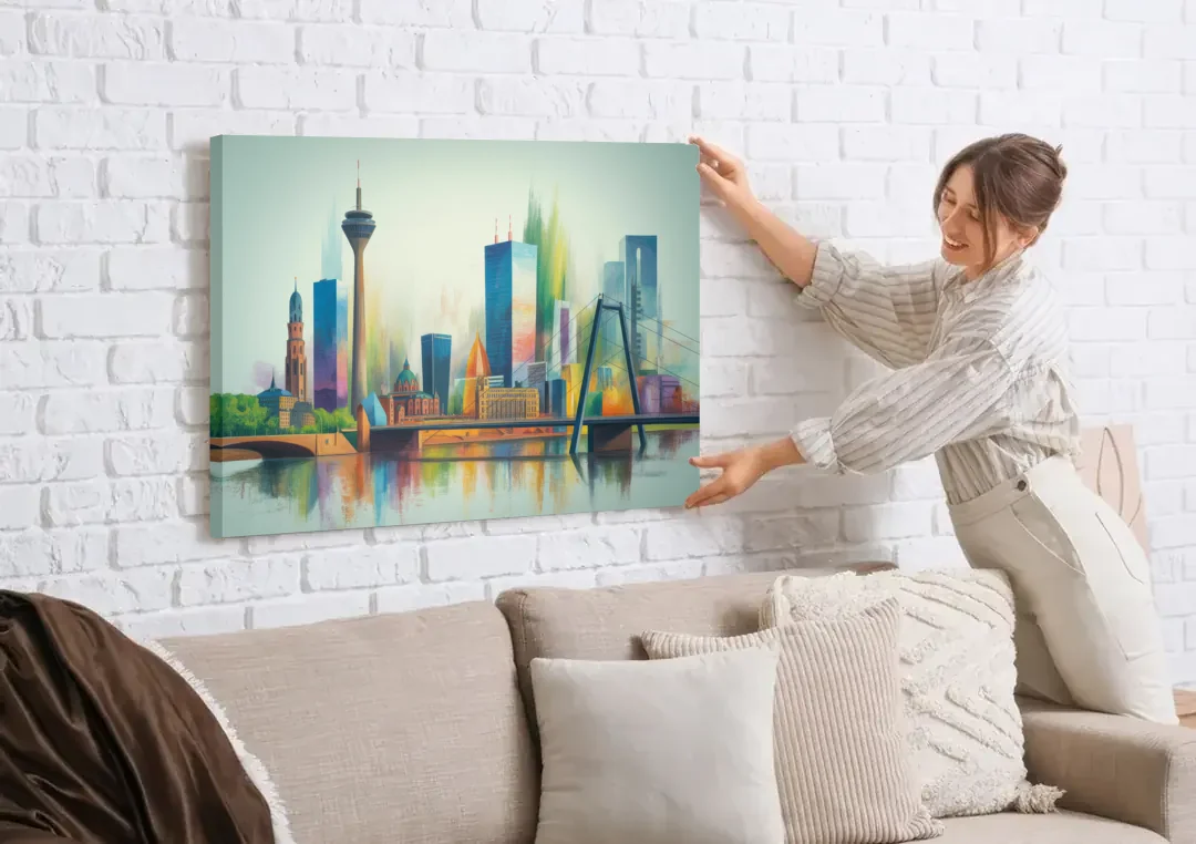 Dusseldorf Skyline canvas wall art being hung on a white brick wall above a sofa