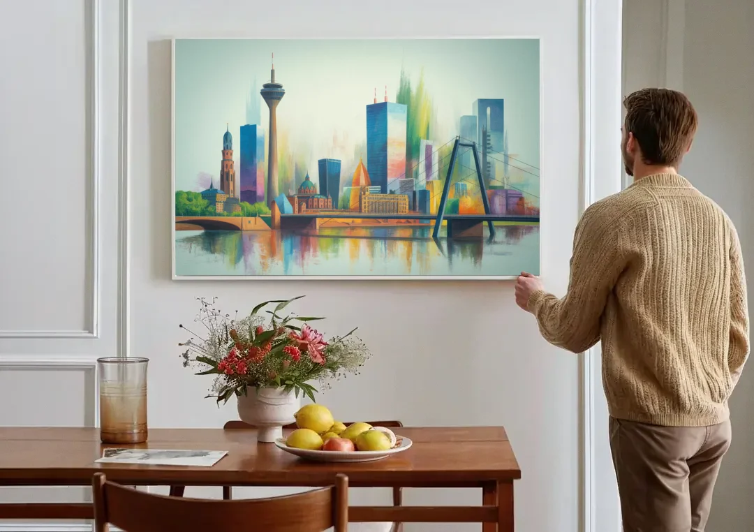 Dusseldorf Skyline canvas wall art above a dining table