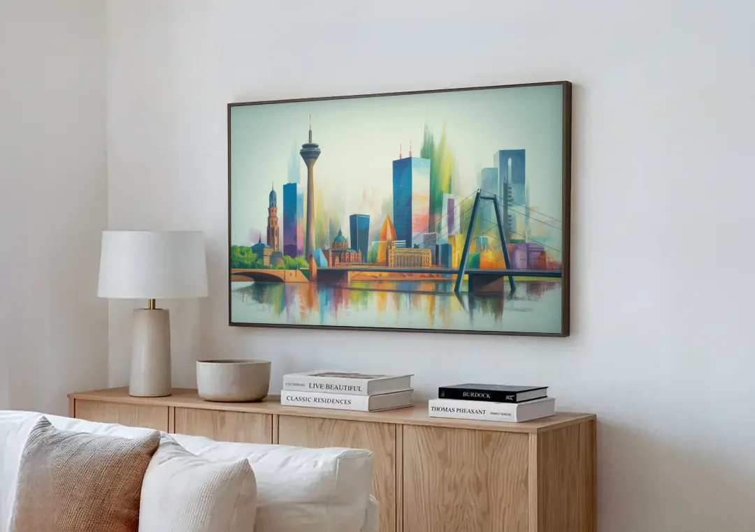 Dusseldorf Skyline canvas wall art above a wooden sideboard next to a sofa