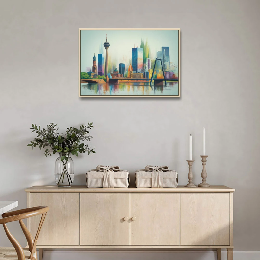 Dusseldorf Skyline - Oak Framed Canvas Wall Art - Coffee Table - 36x24