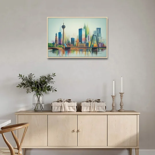 Dusseldorf Skyline - Oak Framed Canvas Wall Art - Coffee Table - 36x24