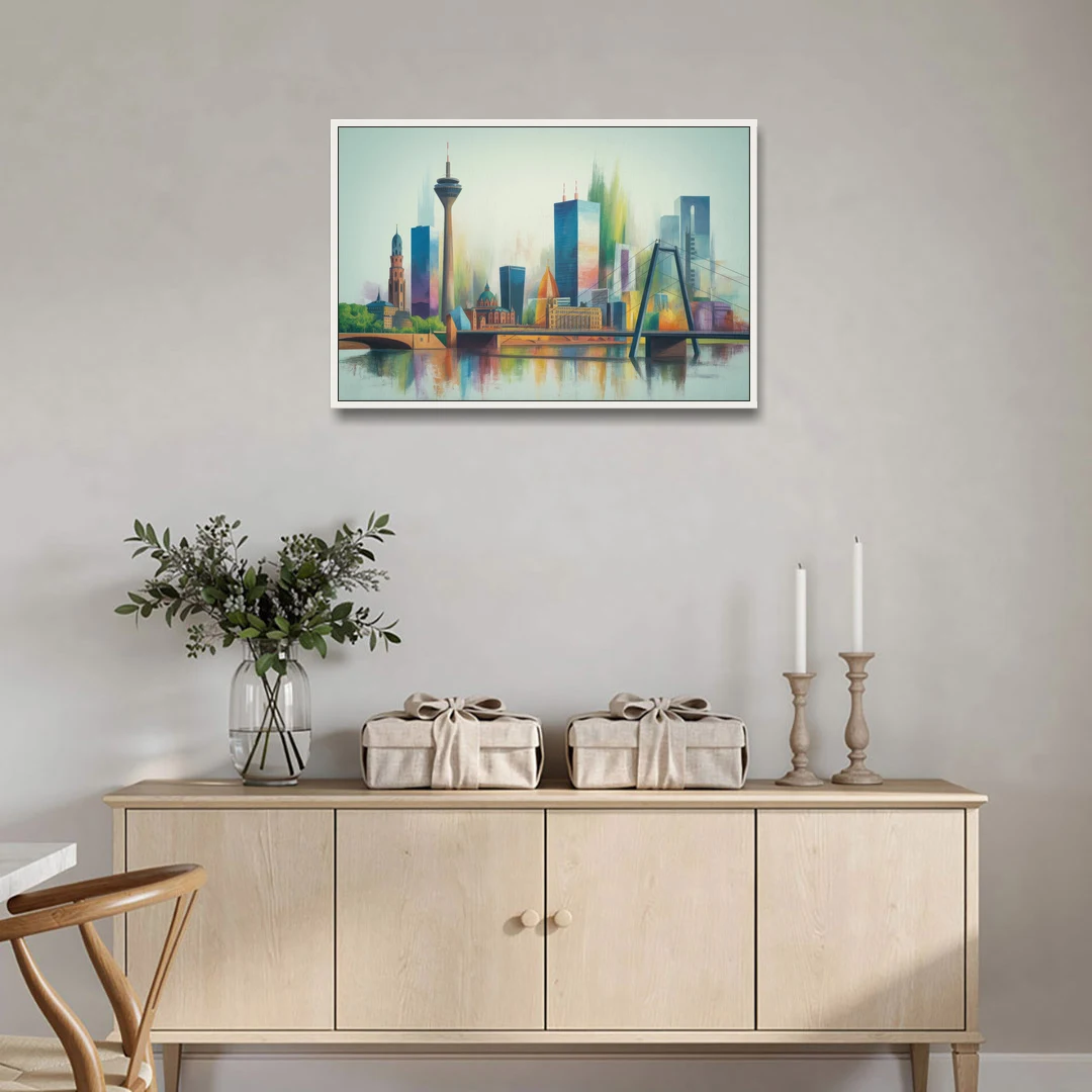 Dusseldorf Skyline - White Framed Canvas Wall Art - Coffee Table - 36x24
