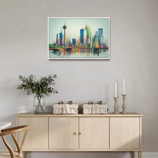 Dusseldorf Skyline - White Framed Canvas Wall Art - Coffee Table - 36x24
