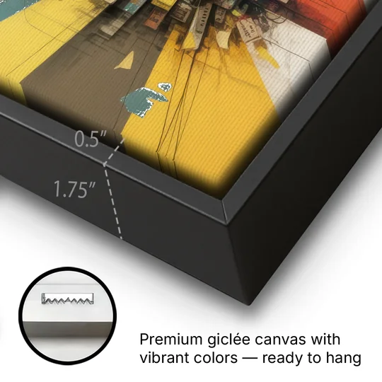 Dynamic City Layers Yellow Abstract - Black Framed Canvas Wall Art - Gallery Wrap Corner
