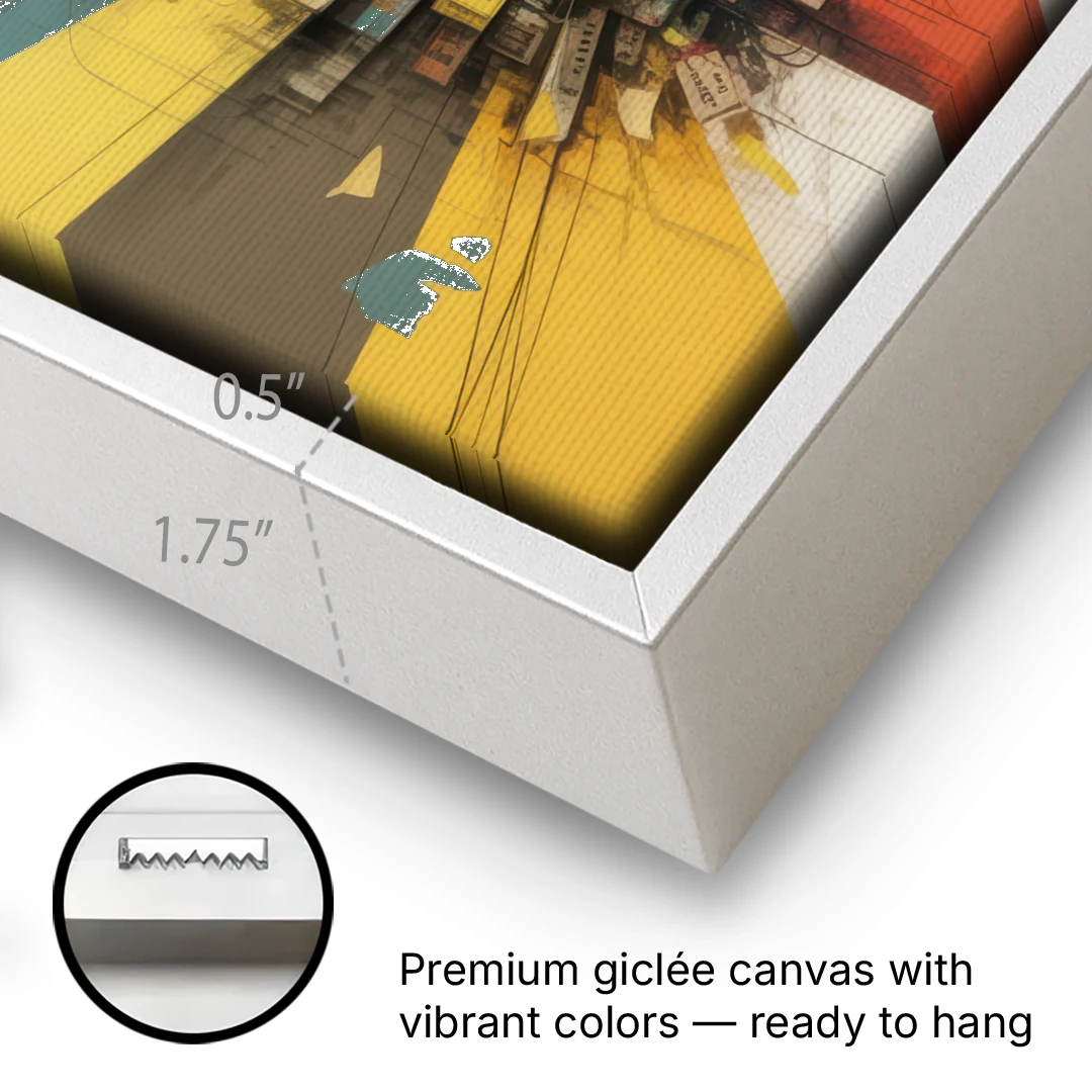 Dynamic City Layers Yellow Abstract - White Framed Canvas Wall Art - Gallery Wrap Corner