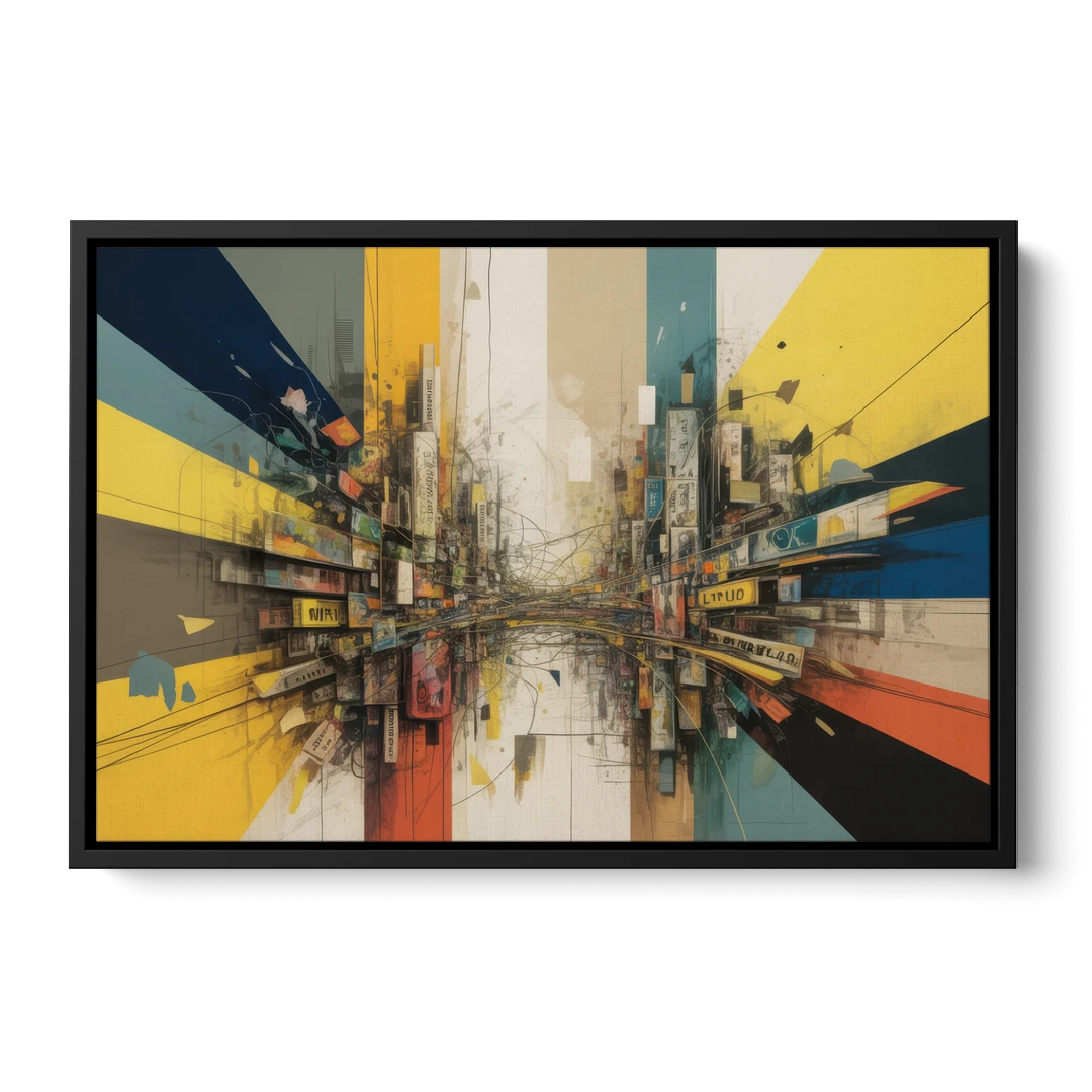 Dynamic City Layers Yellow Abstract - Black Framed Canvas Wall Art - Front
